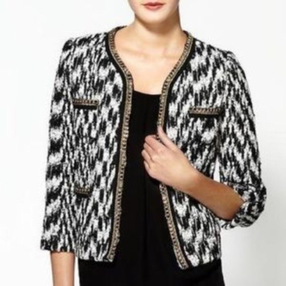 Aryn K. Black & White Tweed Blazer Gold Chain Accent Classic Size Small